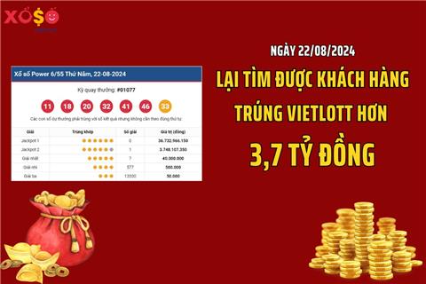 Ngày 22/8: Lại tìm được khách hàng trúng Vietlott hơn 3,7 tỷ đồng