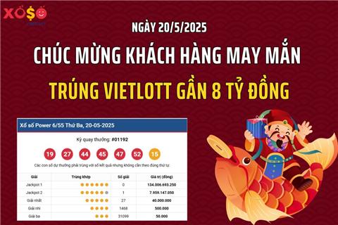 Ngày 20/5: Chúc mừng khách hàng may mắn trúng Vietlott gần 8 tỷ đồng